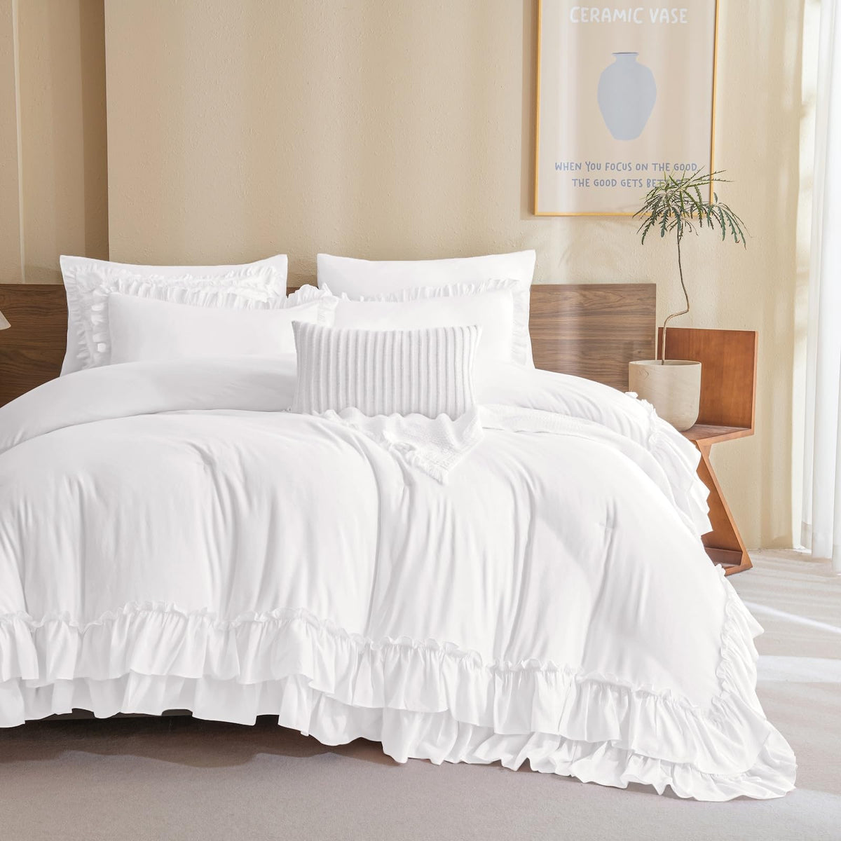 QSH Queen's House Light Blue Farmhouse Ruffled King Size Comforter Set,Lightweight Microfiber Inner Fill Fluffy Boho Chic Bedding Comforter,Ultra Soft Microfiber Inner Fill Bedding