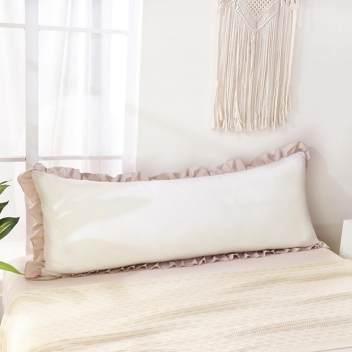 Boho White Body Pillowcase 20x54in - Ruffled Fringe Decor Sham