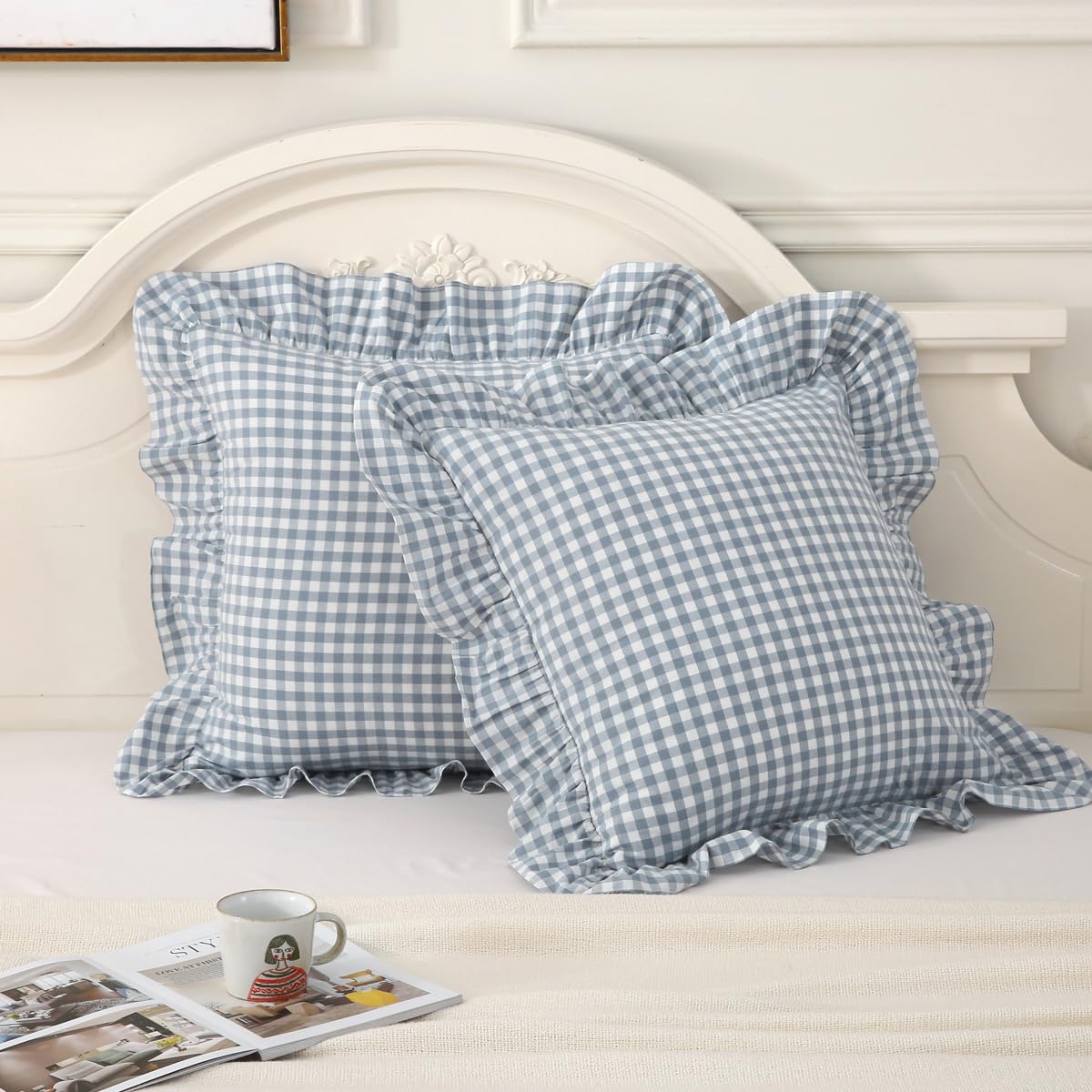 Mywinlle Taupe Plaid Gingham Ruffle Decorative Throw Pillow Covers 18"x18"
