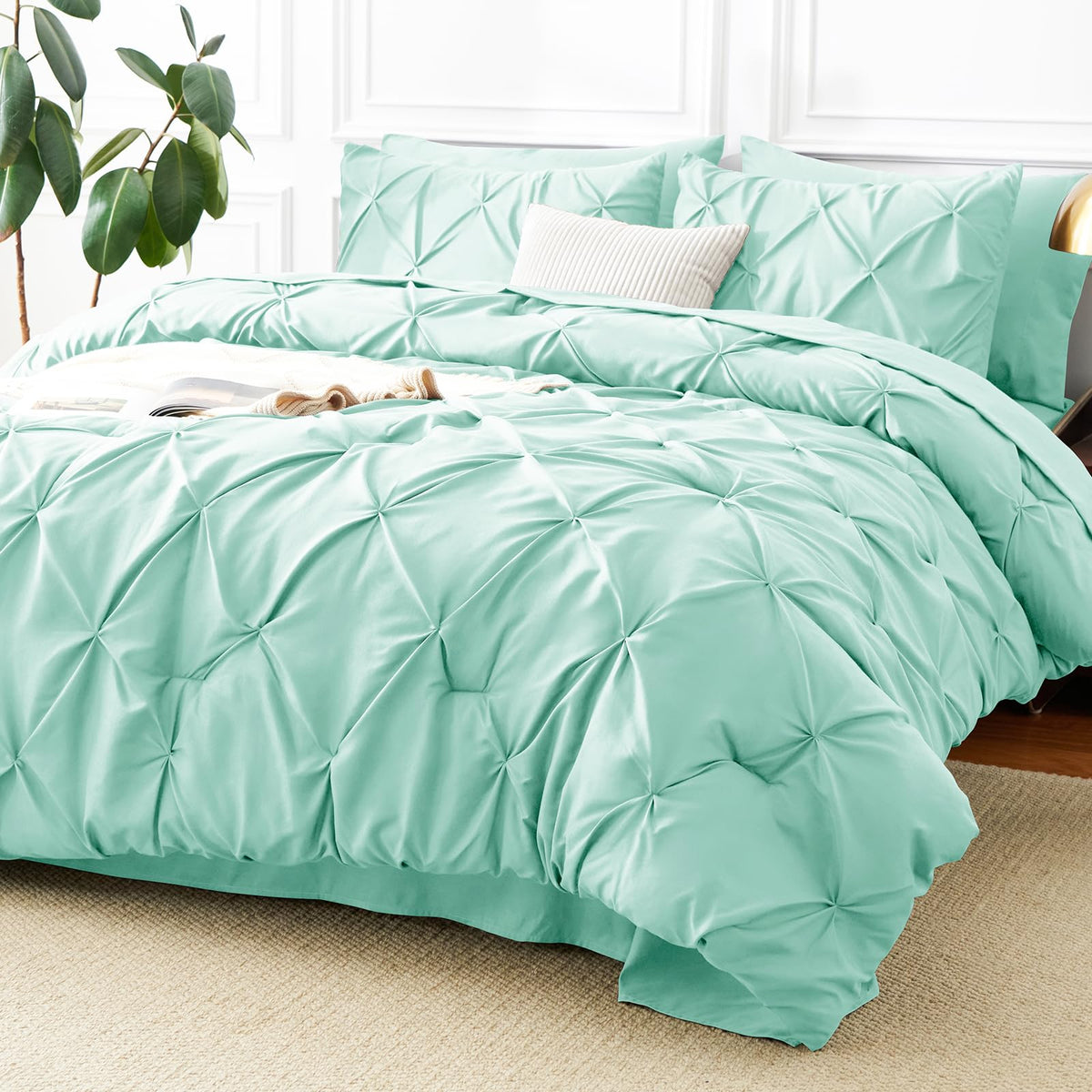 CozyLux Queen Comforter Set Black, 7 Pieces Pintuck Bed in a Bag