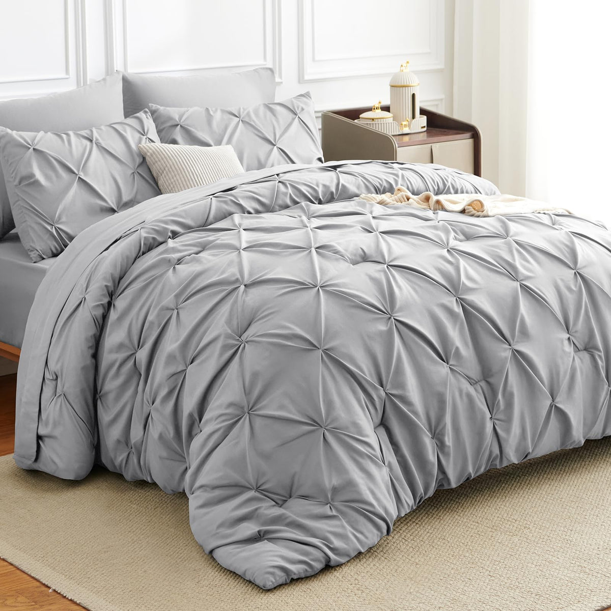 HIMEET Queen Comforter Set Black - 7 Pieces Pintuck Bed in a Bag