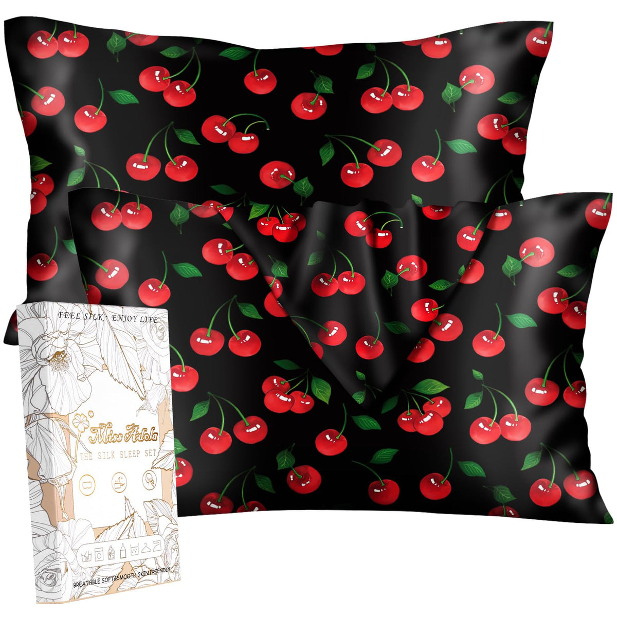 Miss Adola 2pcs Silk Pillowcase with Hidden Zipper, BLK Grow Flower
