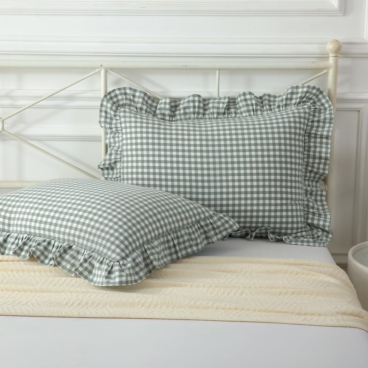 Mywinlle Taupe Plaid Gingham Ruffle Decorative Throw Pillow Covers 18"x18"