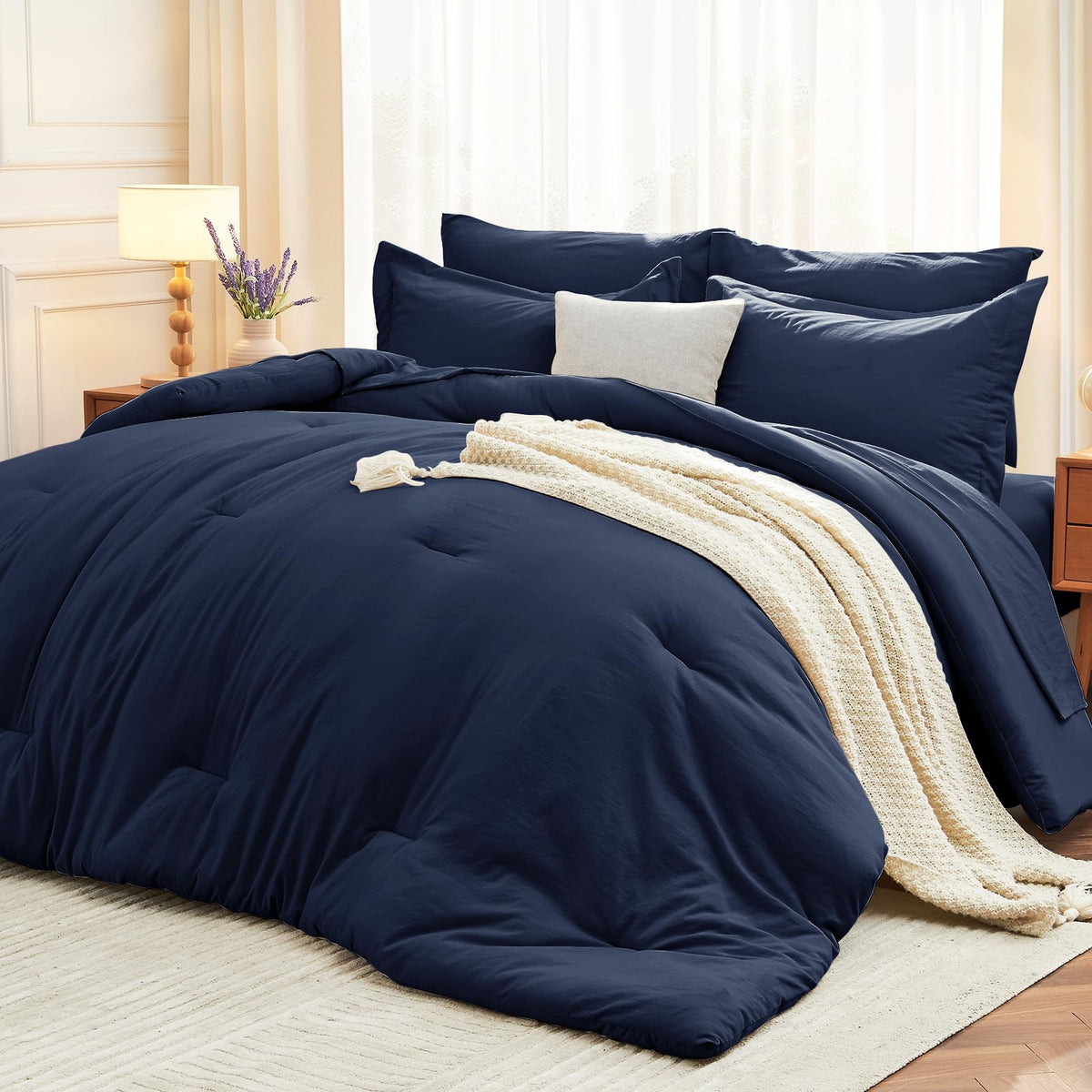 MUXHOMO King Comforter Set 7 Pieces, Soft Bed in a Bag, Beige