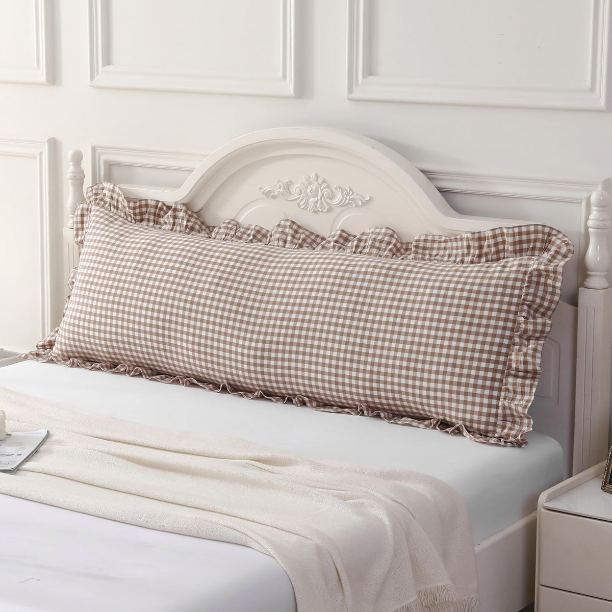 Silnuo Taupe/White Gingham Plaid Ruffled Pillow Covers Queen Size Set of 2