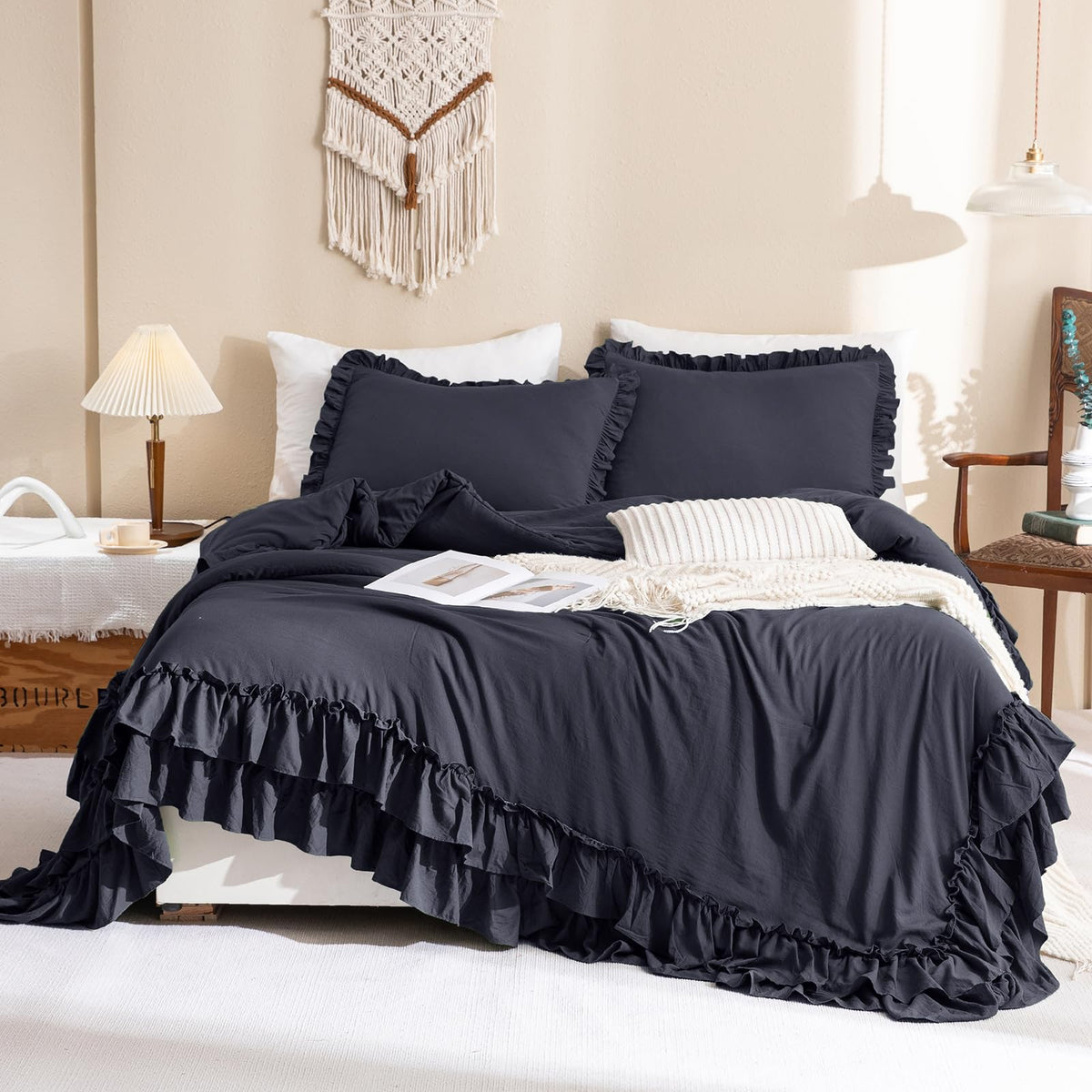 Masaca Ruffled Comforter Set Queen,Farmhouse Shabby Boho Chic Bedding Wheat and White Ruffle Comforter Vintage Rustic French Country Elegant Bedding Set 3PCS