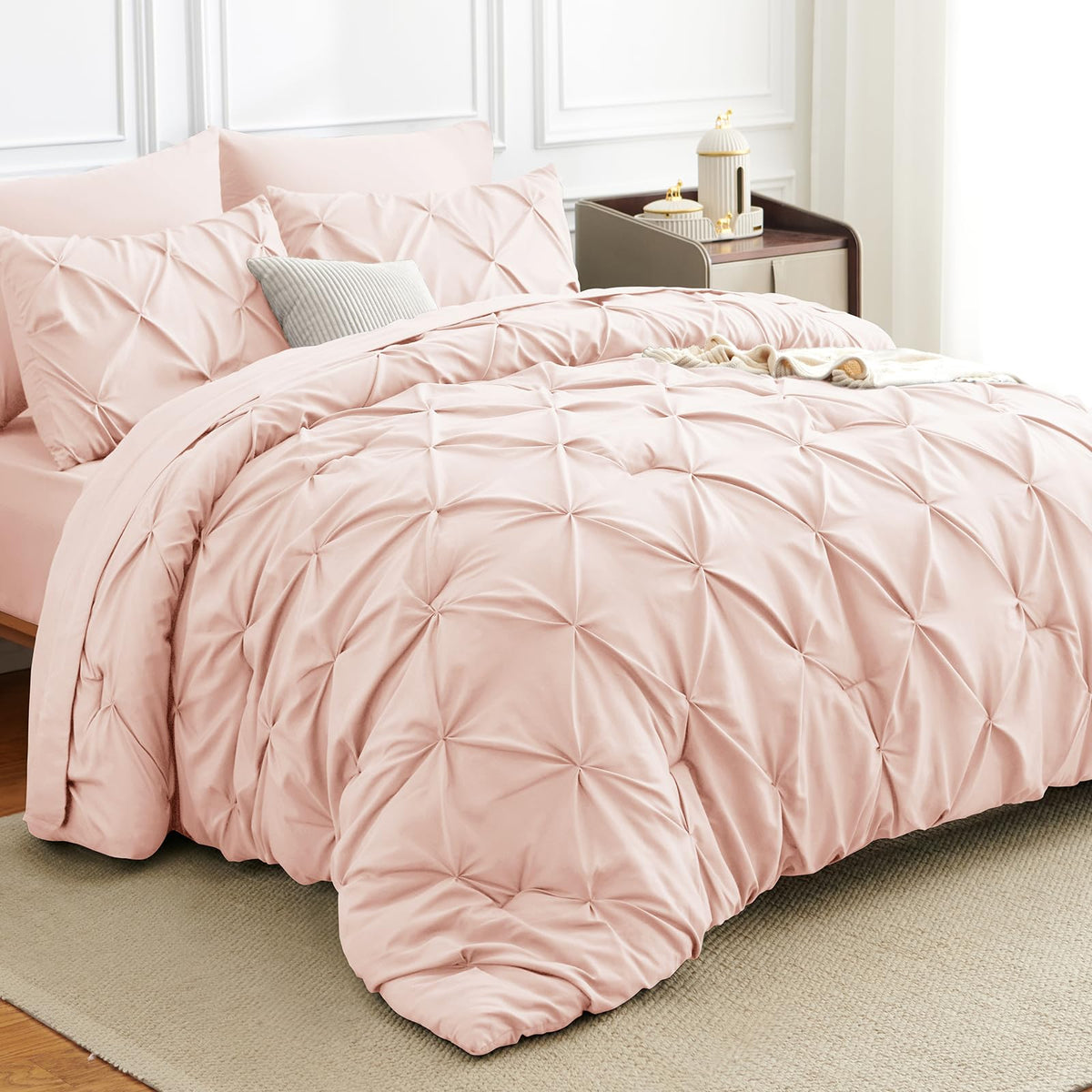 HIMEET Queen Comforter Set Black - 7 Pieces Pintuck Bed in a Bag