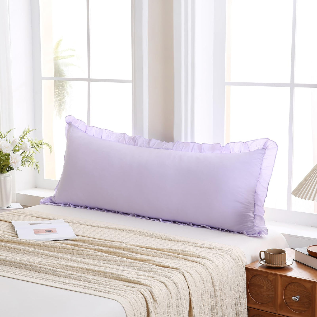 Boho White Body Pillowcase 20x54in - Ruffled Fringe Decor Sham