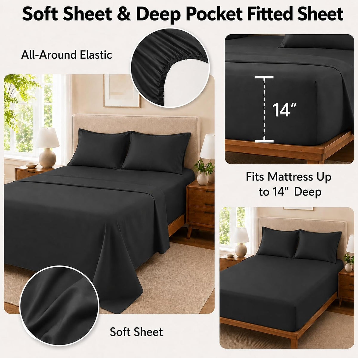 Queen Comforter Set with Sheets, 7-Piece Bed in a Bag Queen Black
