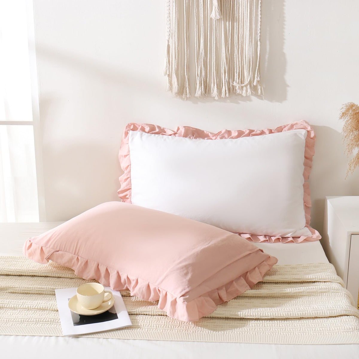 Boho White Body Pillowcase 20x54in - Ruffled Fringe Decor Sham