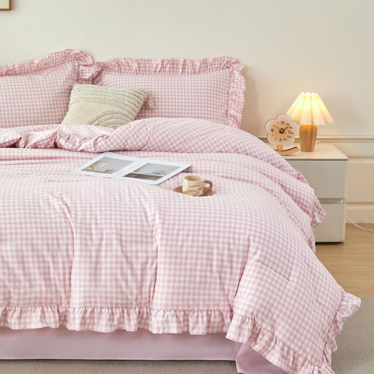 RYNGHIPY 5 Pcs Gingham Bedding Set Queen Yellow Ruffle Comforter Sets