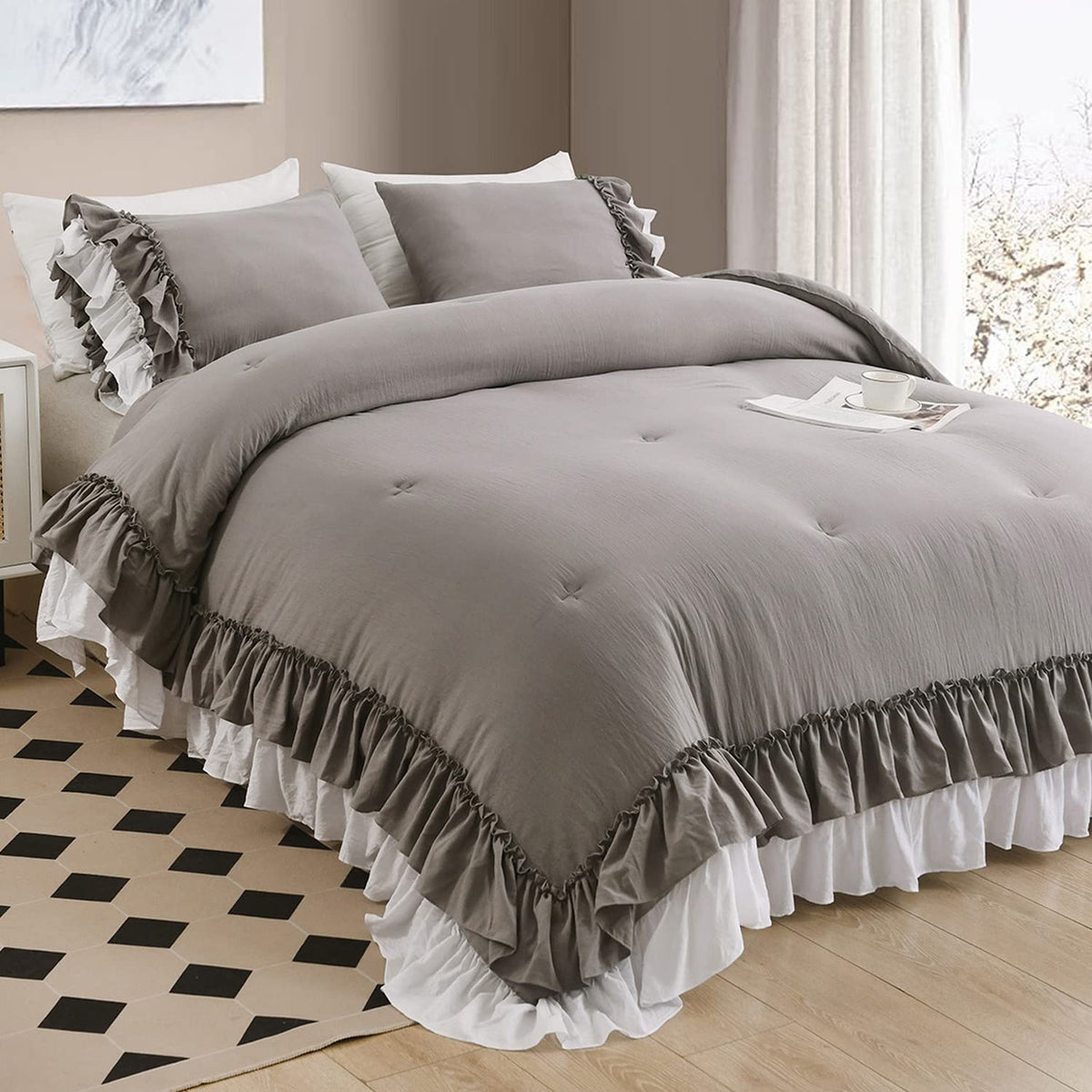 Masaca Ruffled Comforter Set Queen,Farmhouse Shabby Boho Chic Bedding Wheat and White Ruffle Comforter Vintage Rustic French Country Elegant Bedding Set 3PCS
