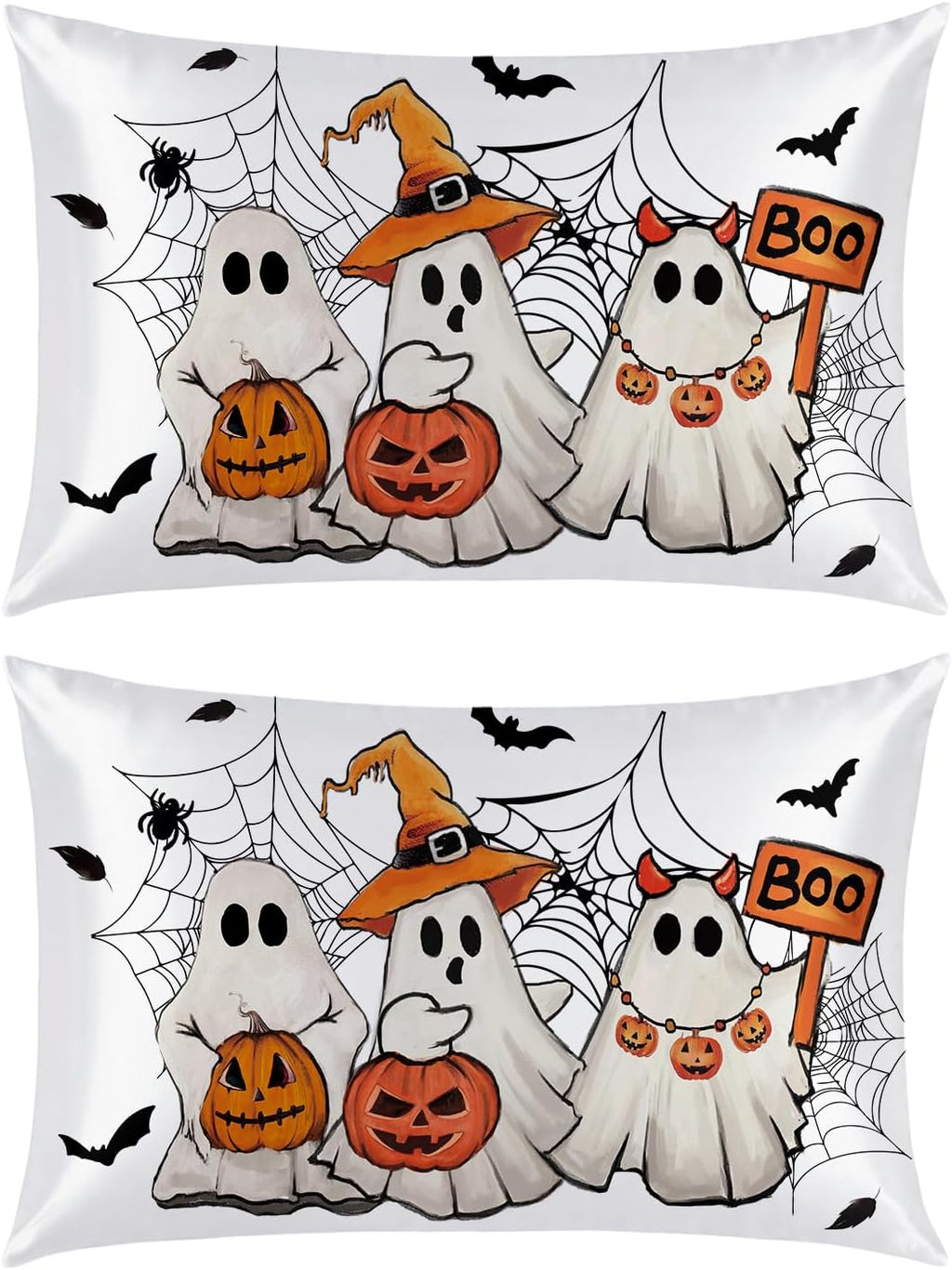 Horaldaily Halloween Ghost Spiderweb Standard Size Satin Pillowcases 2PCS