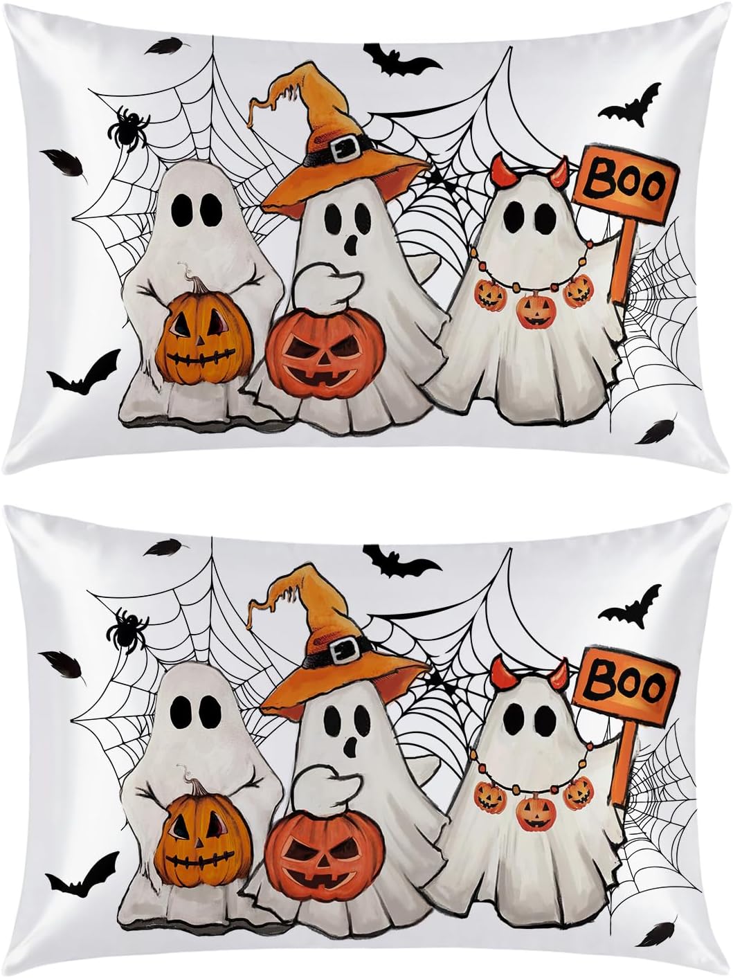Horaldaily Halloween Ghost Spiderweb Standard Size Satin Pillowcases 2PCS