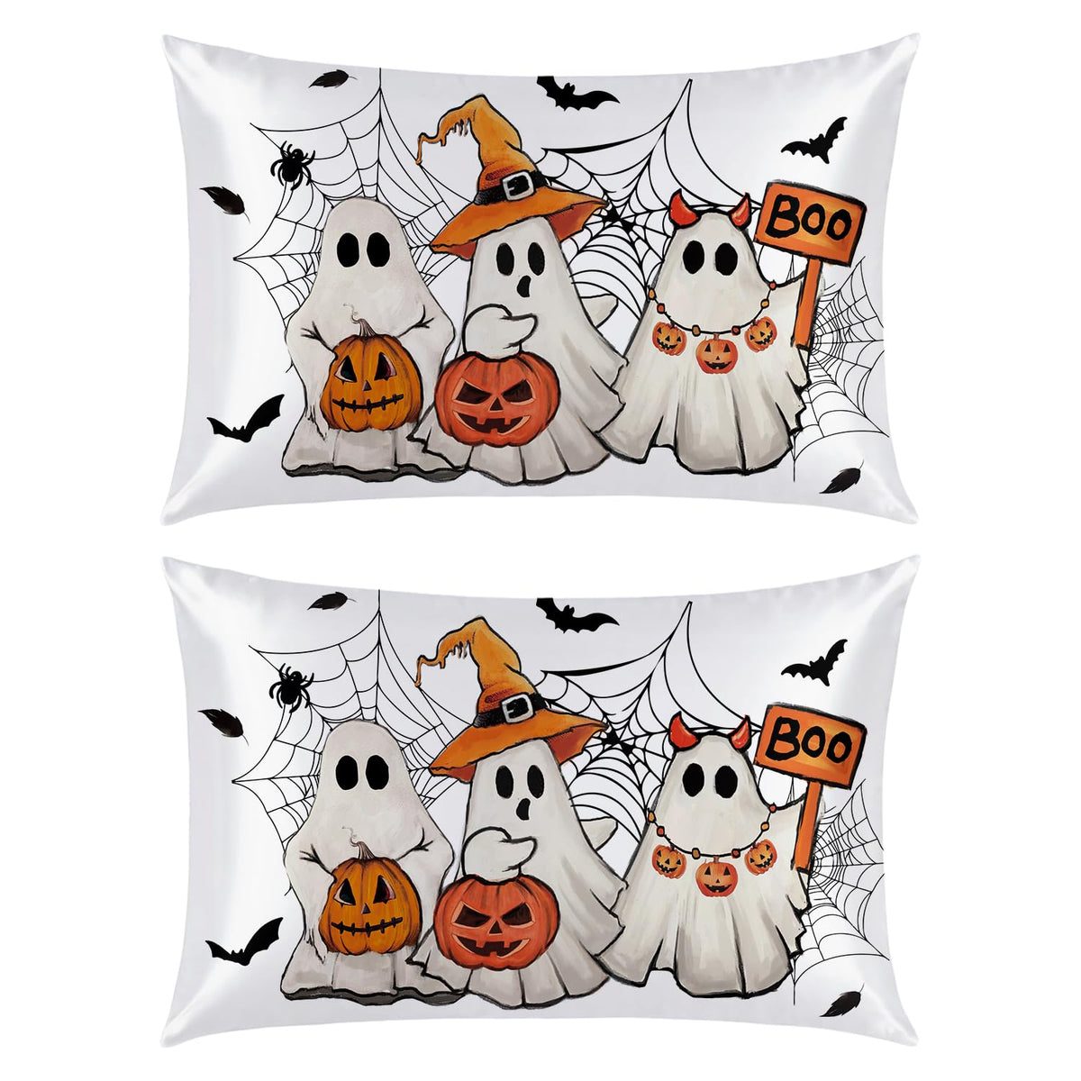 Horaldaily Halloween Ghost Spiderweb Standard Size Satin Pillowcases 2PCS