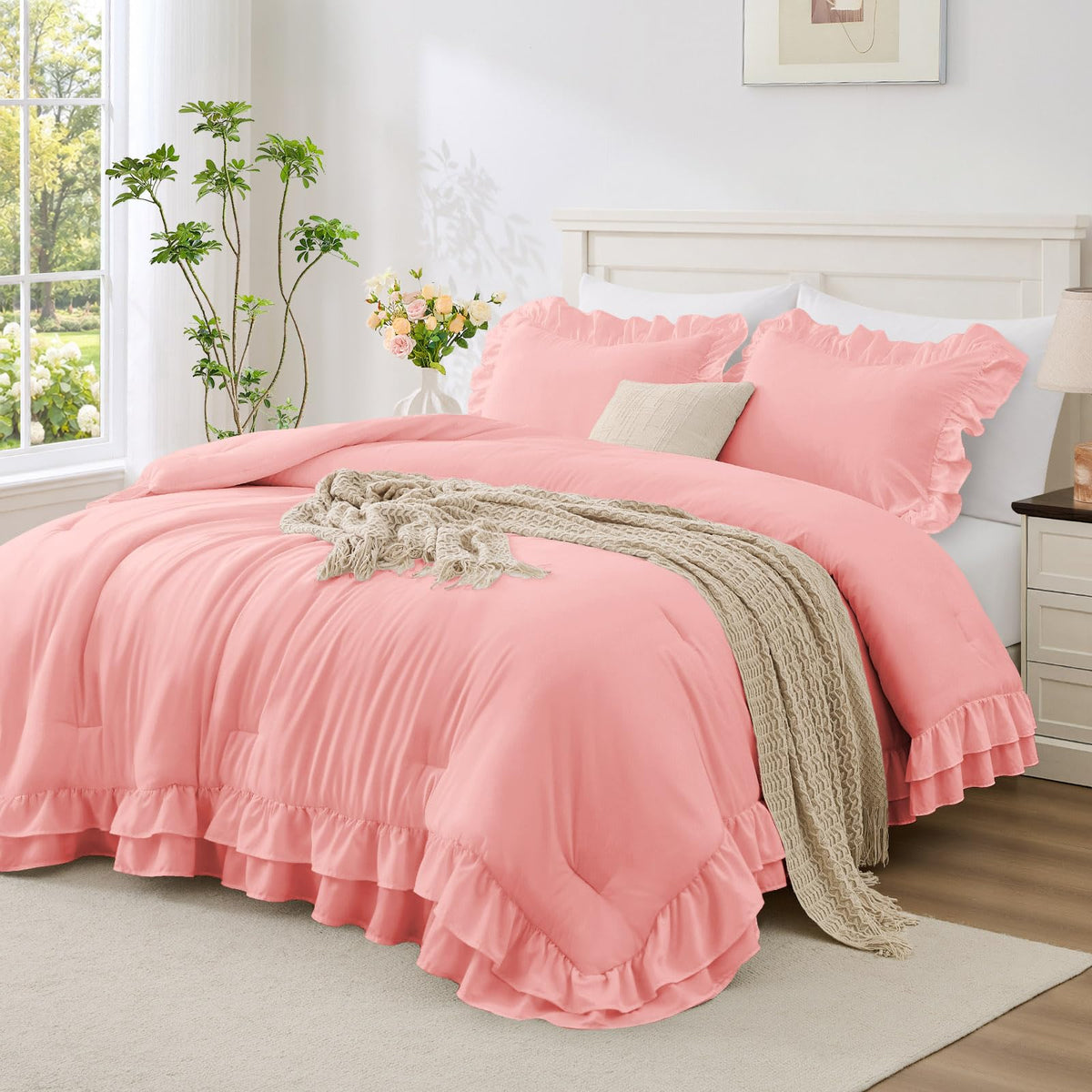 White Ruffle Comforter Set Queen Size, 3-Piece Shabby Chic Bedding