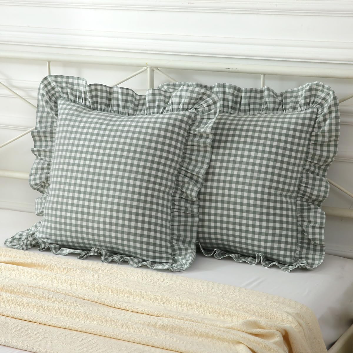 Mywinlle Taupe Plaid Gingham Ruffle Decorative Throw Pillow Covers 18"x18"