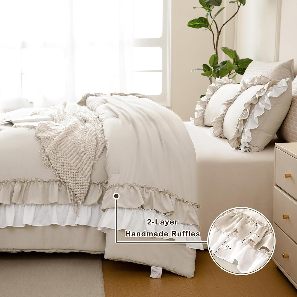 Masaca Ruffled Comforter Set Queen,Farmhouse Shabby Boho Chic Bedding Wheat and White Ruffle Comforter Vintage Rustic French Country Elegant Bedding Set 3PCS