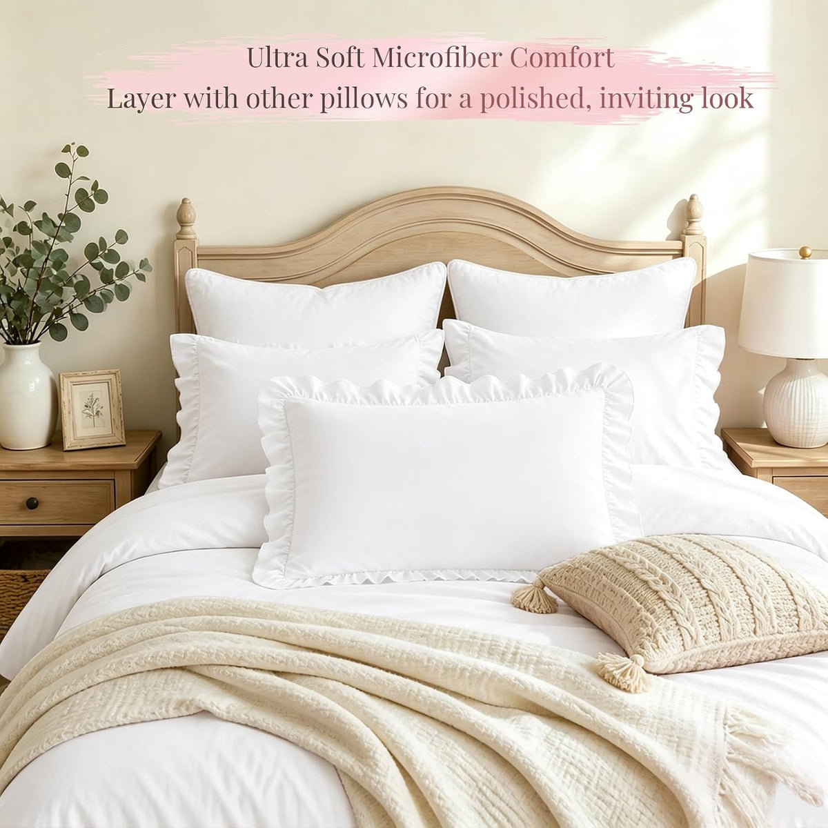 Homiest Ruffle Pillow Cases Standard Set of 2, White, 20x26 in