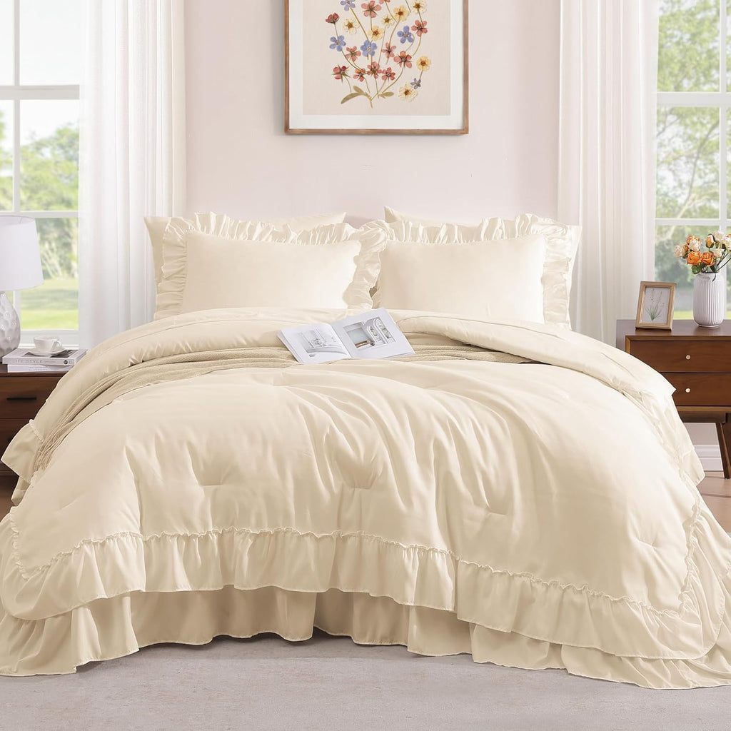 King Comforter Set Whisper White Ruffle 7 Pieces Farmhouse Bed in a Bag