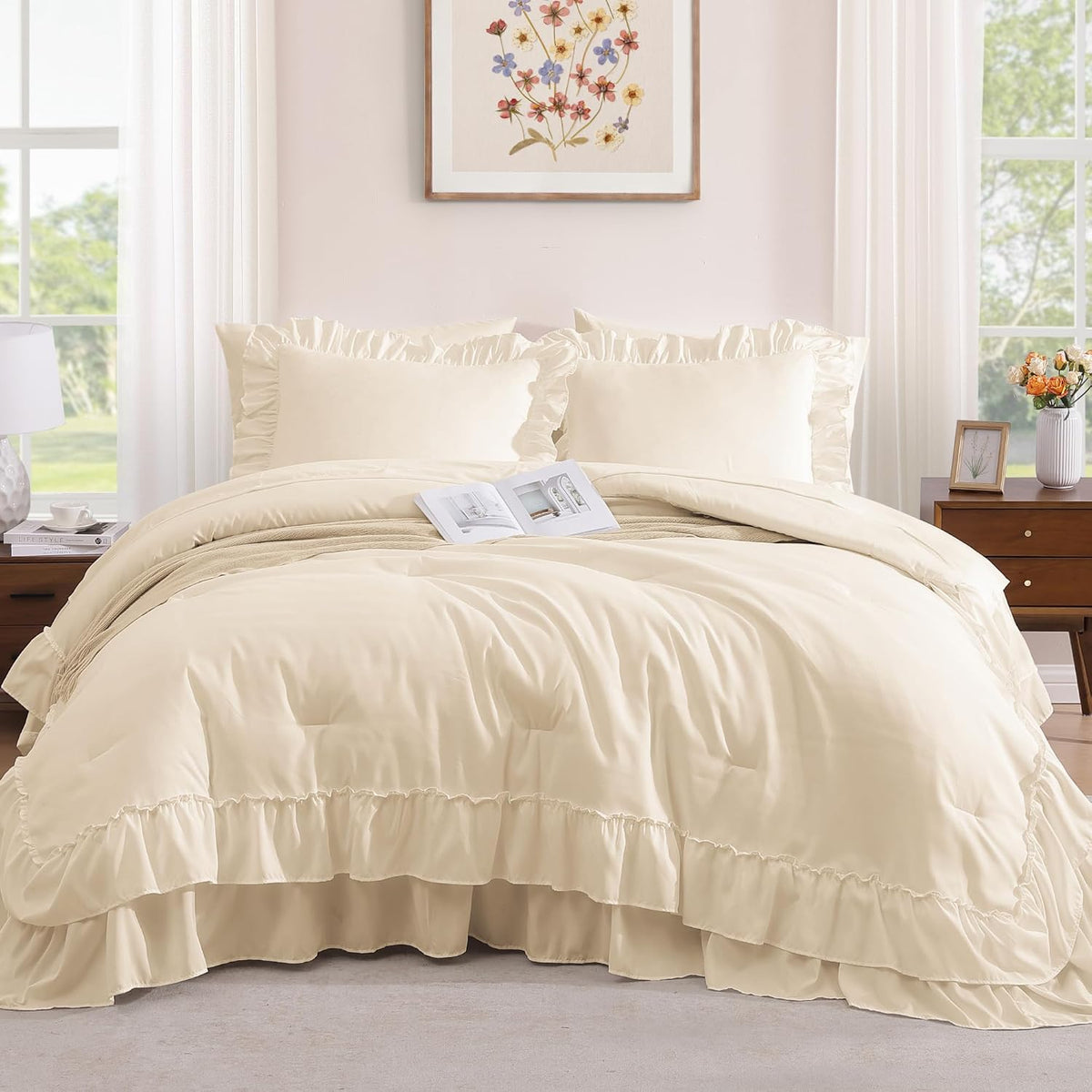 King Comforter Set Whisper White Ruffle 7 Pieces Farmhouse Bed in a Bag