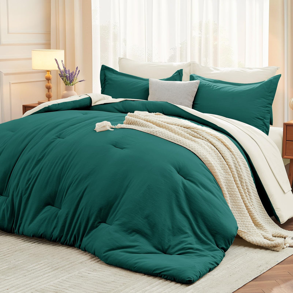 MUXHOMO King Comforter Set 7 Pieces, Soft Bed in a Bag, Beige