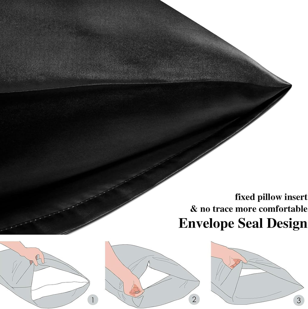 Silk Satin Pillow Cases Standard Size Set of 2 with Envelope Closure Skin & Hair Friendly Gifts for Women Men 20"x 26" Black