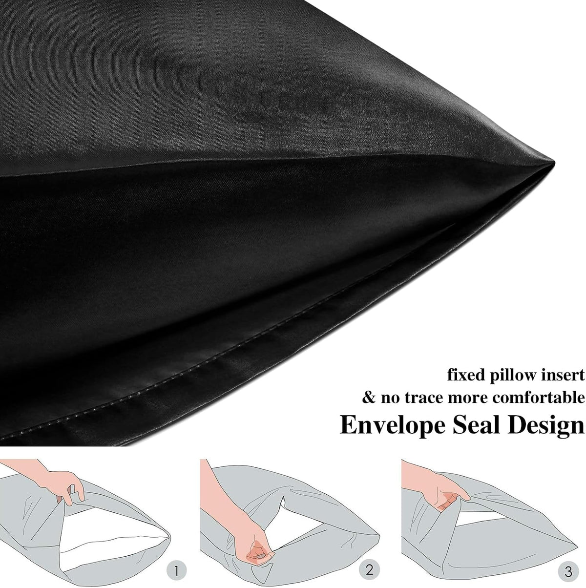 Silk Satin Pillow Cases Standard Size Set of 2 with Envelope Closure Skin & Hair Friendly Gifts for Women Men 20"x 26" Black