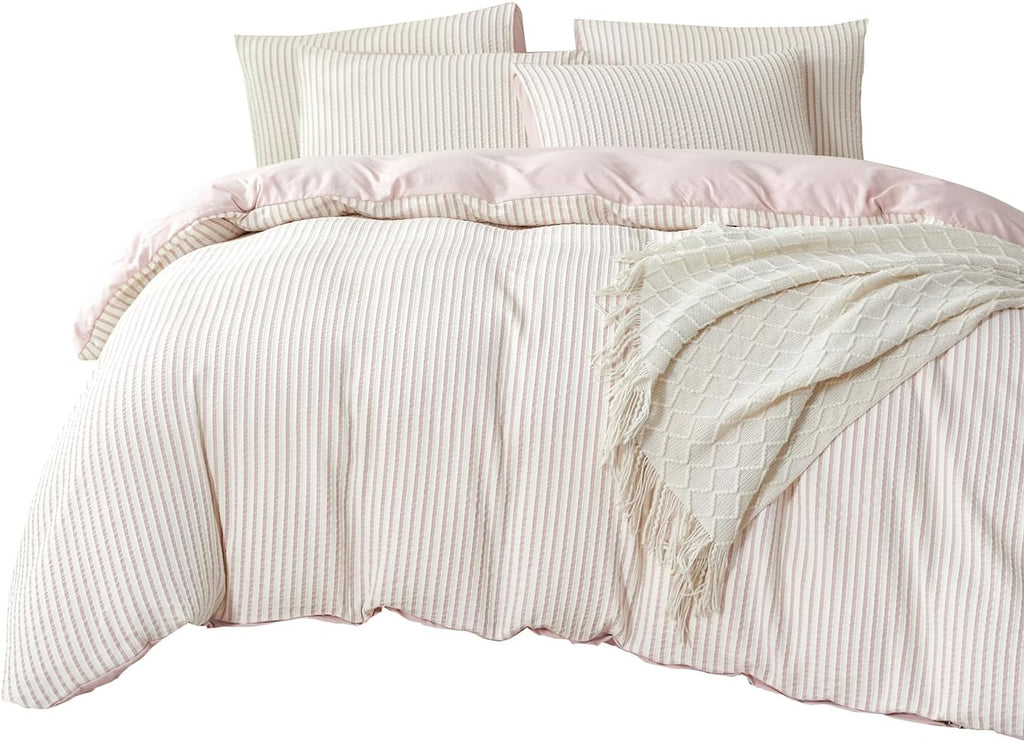 Comforter Set King Size Dusty Pink Soft Luxury Washed Microfiber Jacquard 3 Pieces Bedding Set, White Dusty Pink Vertical Ticking Stripes Comforter with 2 Pillowcases Breathable Durable Comfy