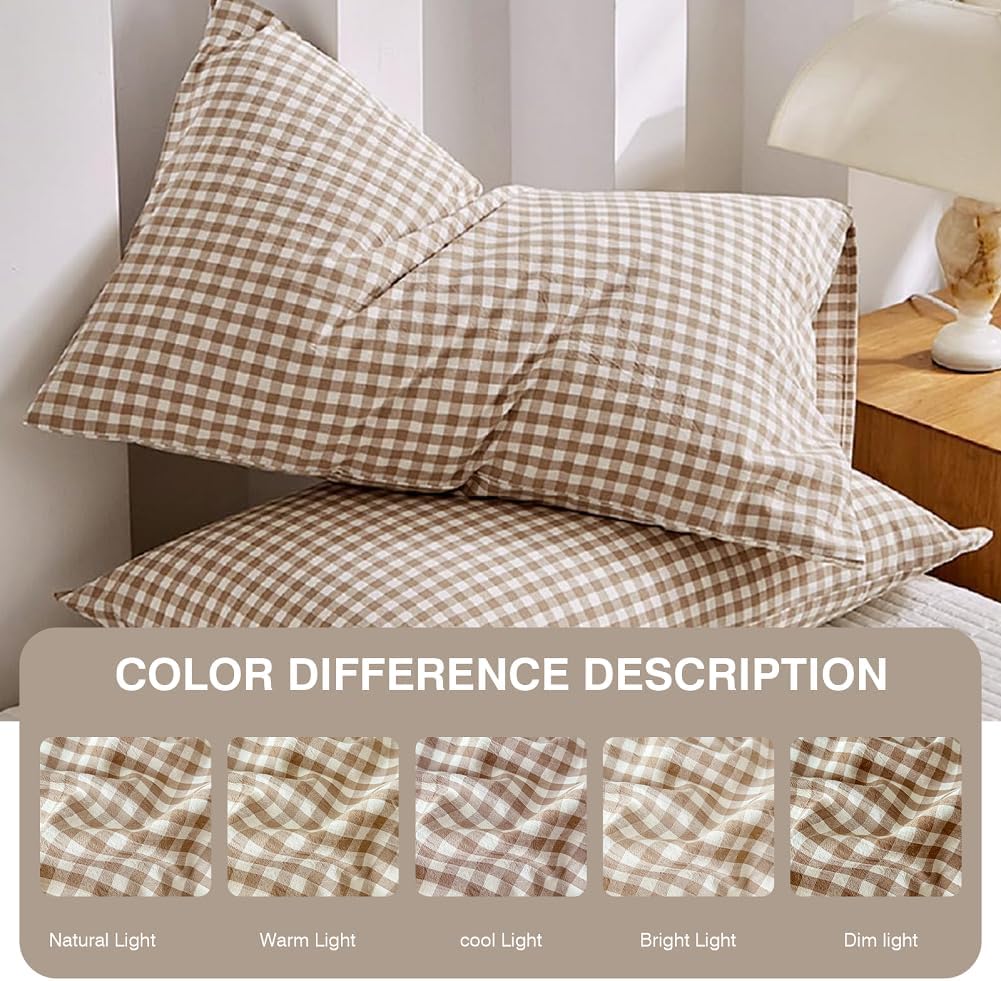 Tan Gingham Pillowcases Set Farmhouse Standard Size Pillow Shams Buffalo Taupe Plaid Pillowcases Set of 2, Grid Checkered Gingham Washed Cotton Pillow Covers with Envelope Closure, 20"×26"