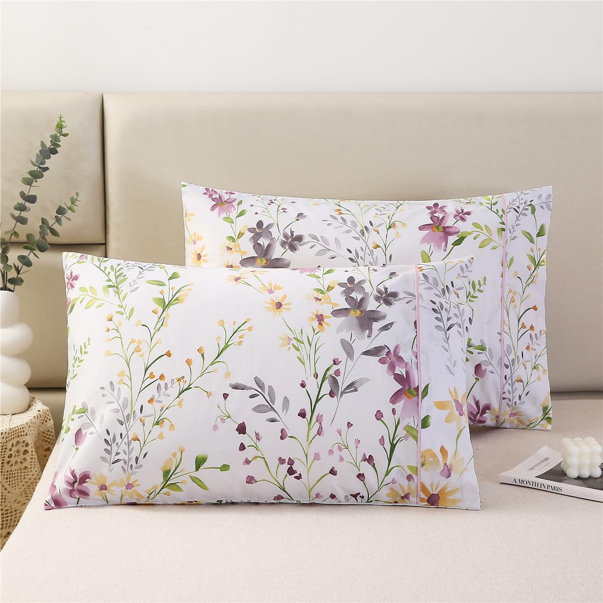 URBONUR 100% Cotton Pillowcases Set of 2 Standard Size Floral Printed Butterfly Pillow Cases Soft Breathable Cooling Pillowcase Decorative Pillow Cover (Standard, 20x26 Inches, Green Flowers)