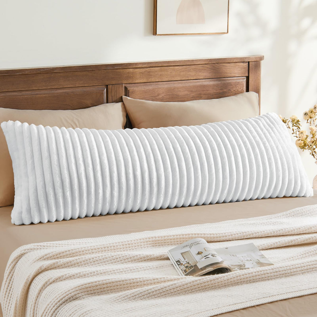 BEDELITE Fluffy Striped Body Pillow Cover with Zipper, Cream White, 20x54