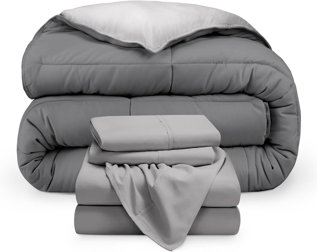 Bare Home Reversible Bed-in-A-Bag Comforter & Sheet Set - Queen - Down Alternative - Soft - Bedding Set (Queen, Light Grey/Grey)