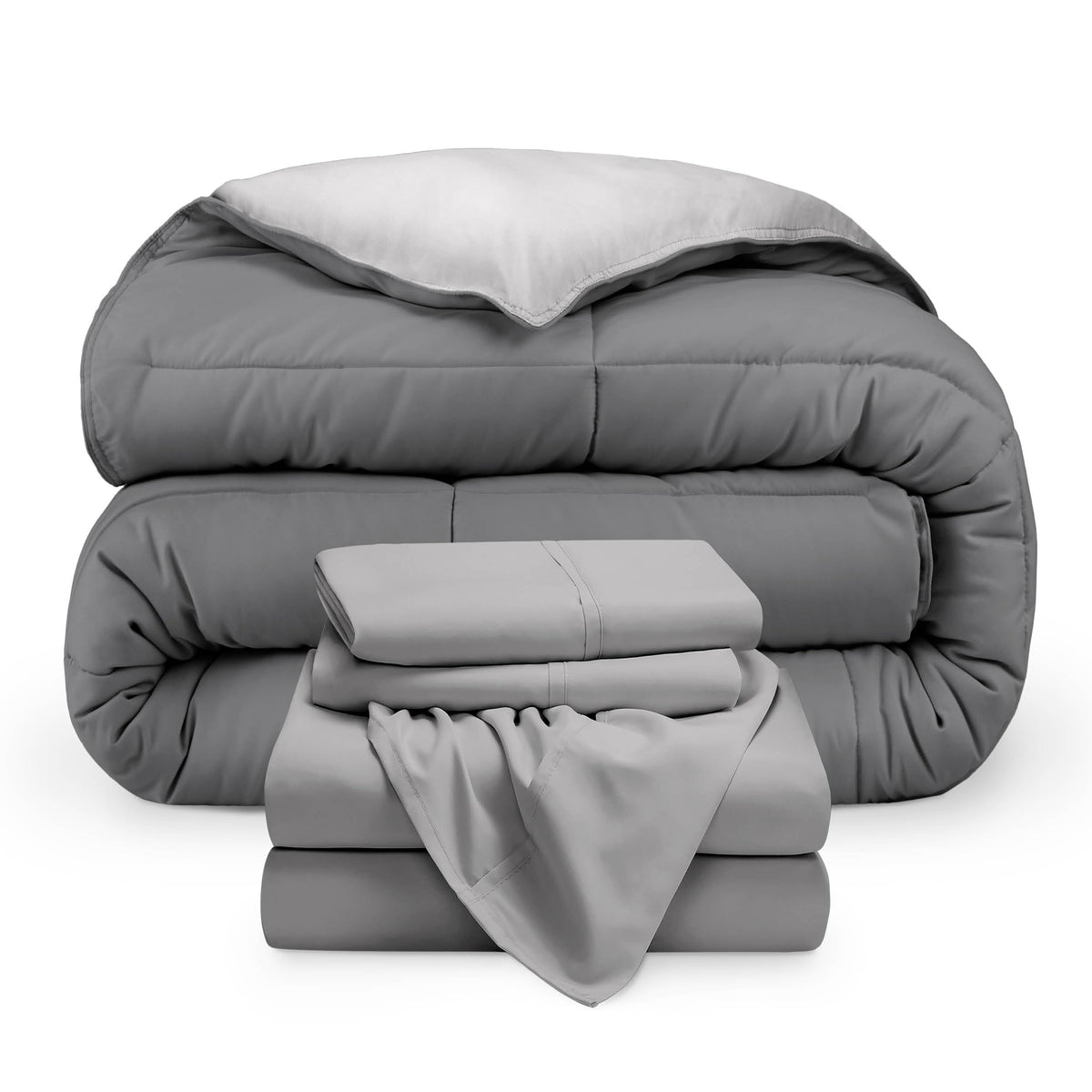 Bare Home Reversible Bed-in-A-Bag Comforter & Sheet Set - Queen - Down Alternative - Soft - Bedding Set (Queen, Light Grey/Grey)