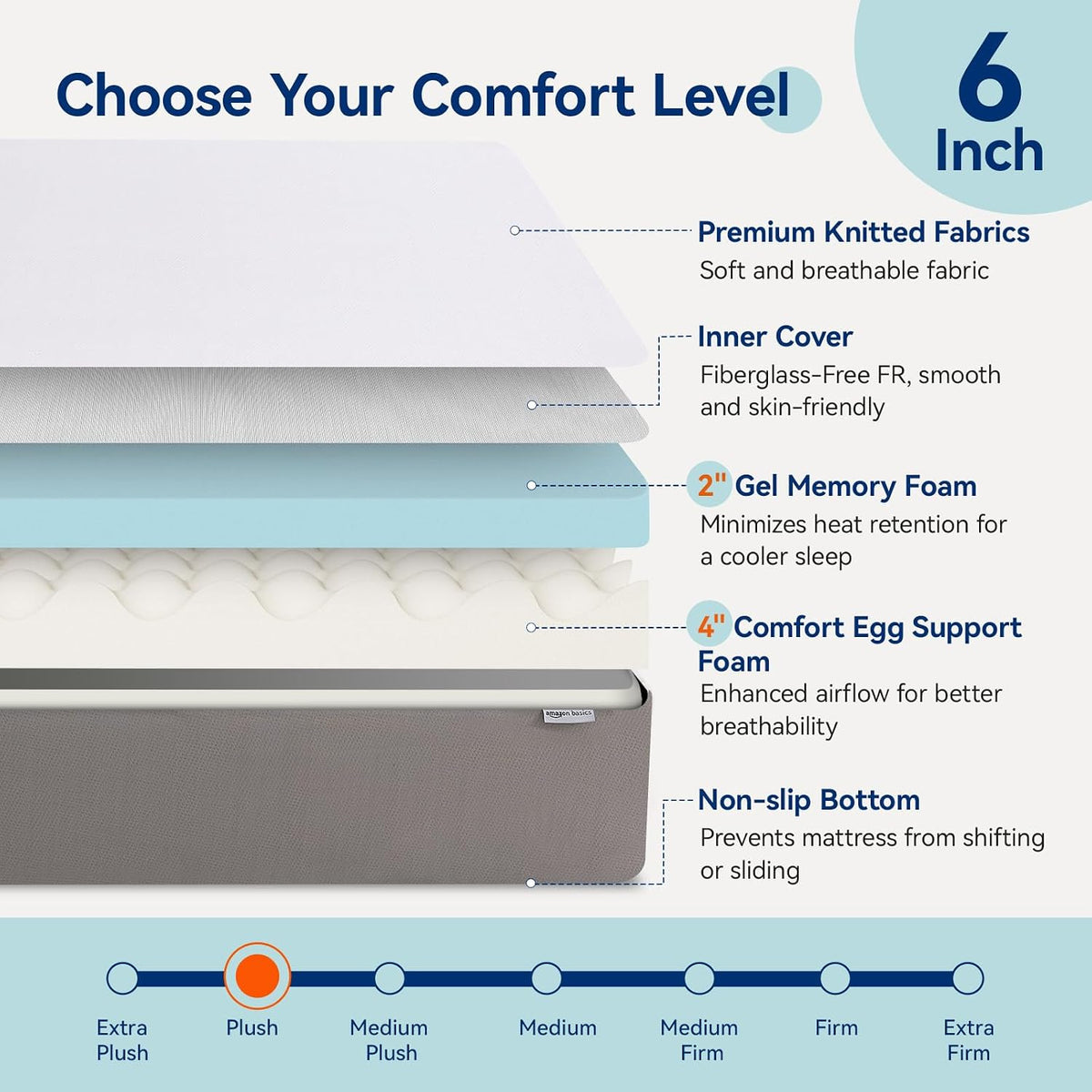 Amazon Basics Gel Memory Foam Mattress, Soft Plush Feel, Breathable Premium Knitted Fabrics, Removable Cover, Easy Set Up, 6 Inch, Full, White/Grey