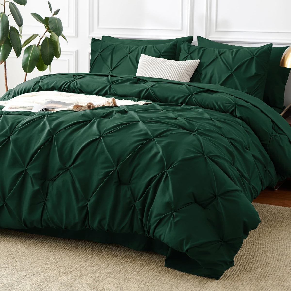 CozyLux Queen Comforter Set Black, 7 Pieces Pintuck Bed in a Bag