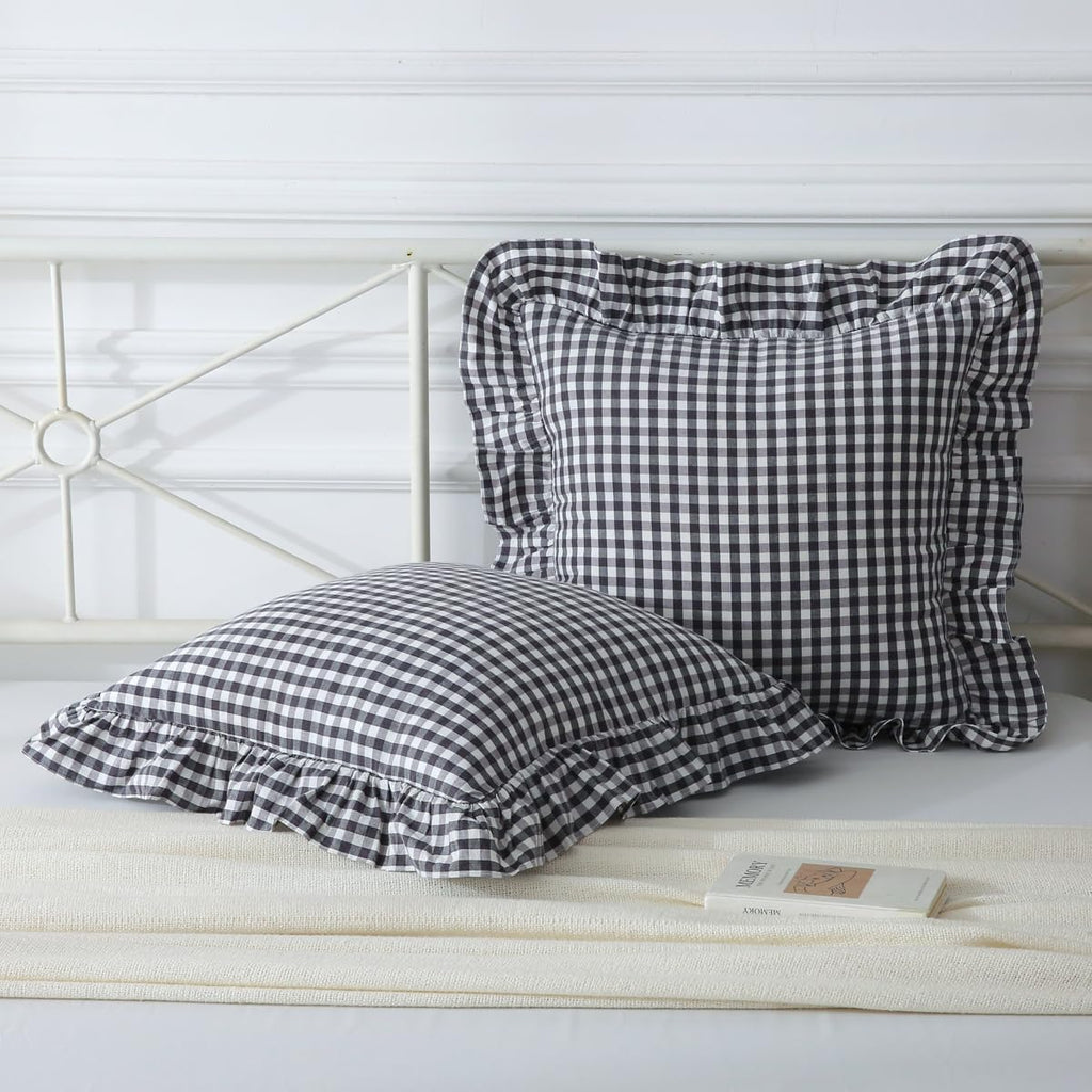 Mywinlle Taupe Plaid Gingham Ruffle Decorative Throw Pillow Covers 18"x18"