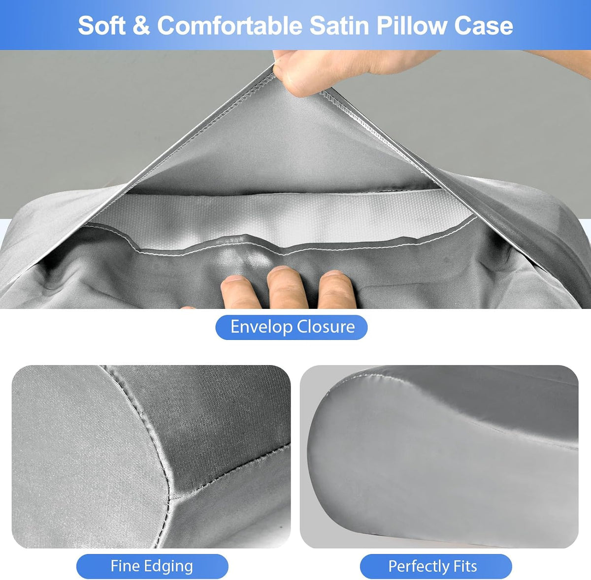 Satin Pillowcase for Contour Memory Foam Pillows, 24" x 14" x 5.1"/3.5" Cervical Pillow Case, Soft Pillow Cover for Sleeping Pillows (Grey)
