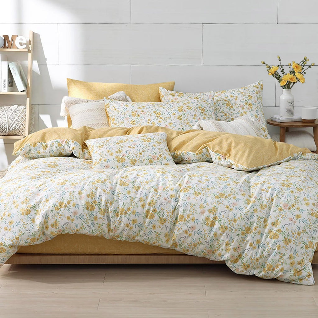 ALEISSEL Natural Cotton 3pcs Floral Comforter Sets King Size-Yellow Comforter with Pink & Yellow Flowers and Blue & Green Leaves on White, Reversible Lightweight Bedding Sets(King 104"×90")