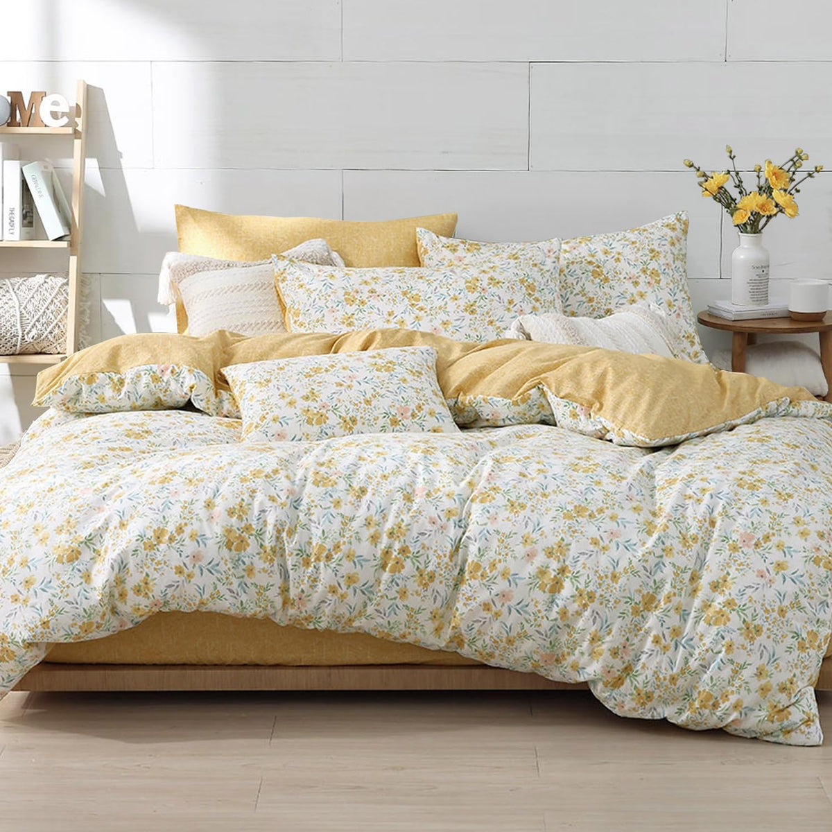 ALEISSEL Natural Cotton 3pcs Floral Comforter Sets King Size-Yellow Comforter with Pink & Yellow Flowers and Blue & Green Leaves on White, Reversible Lightweight Bedding Sets(King 104"×90")