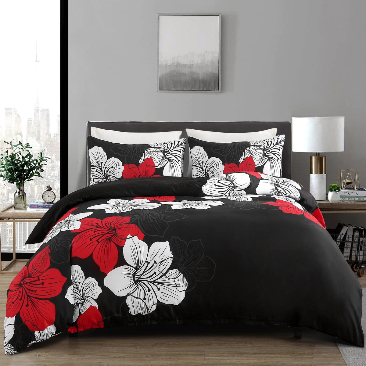 Menghomeus Queen Comforter Set, 3 Piece Dark Purple Floral Bedding Sets
