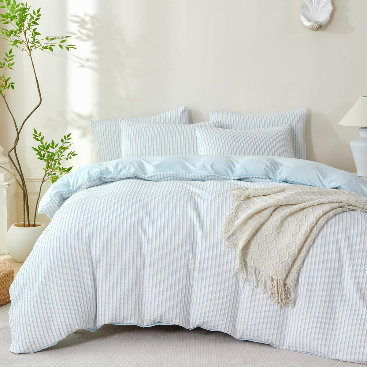 Comforter Set King Size Dusty Pink Soft Luxury Washed Microfiber Jacquard 3 Pieces Bedding Set, White Dusty Pink Vertical Ticking Stripes Comforter with 2 Pillowcases Breathable Durable Comfy