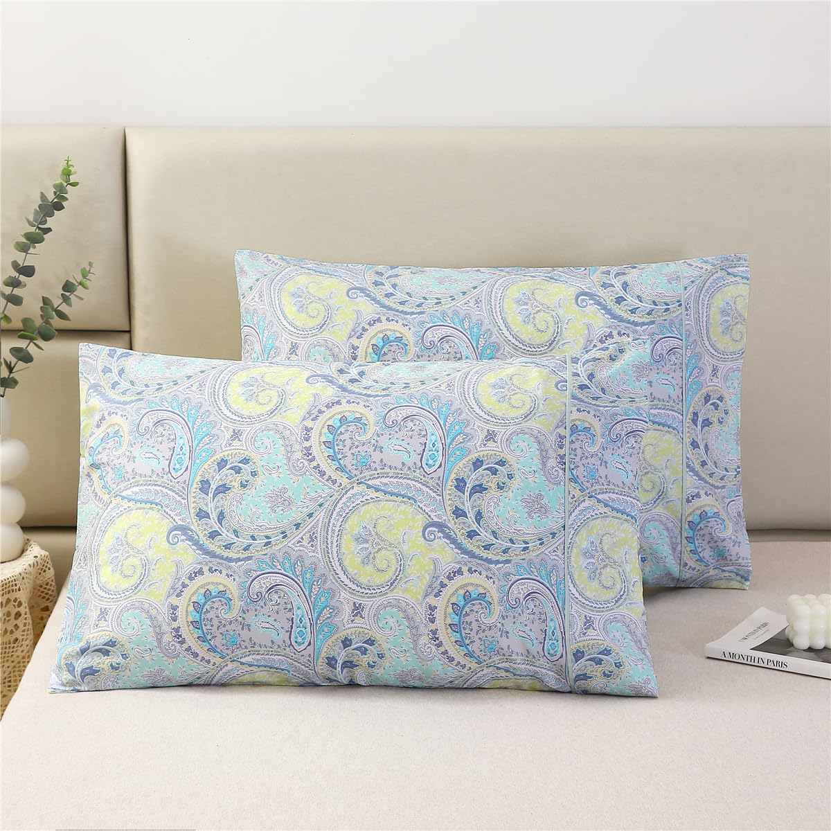 URBONUR 100% Cotton Pillowcases Set of 2 Standard Size Floral Printed Butterfly Pillow Cases Soft Breathable Cooling Pillowcase Decorative Pillow Cover (Standard, 20x26 Inches, Green Flowers)