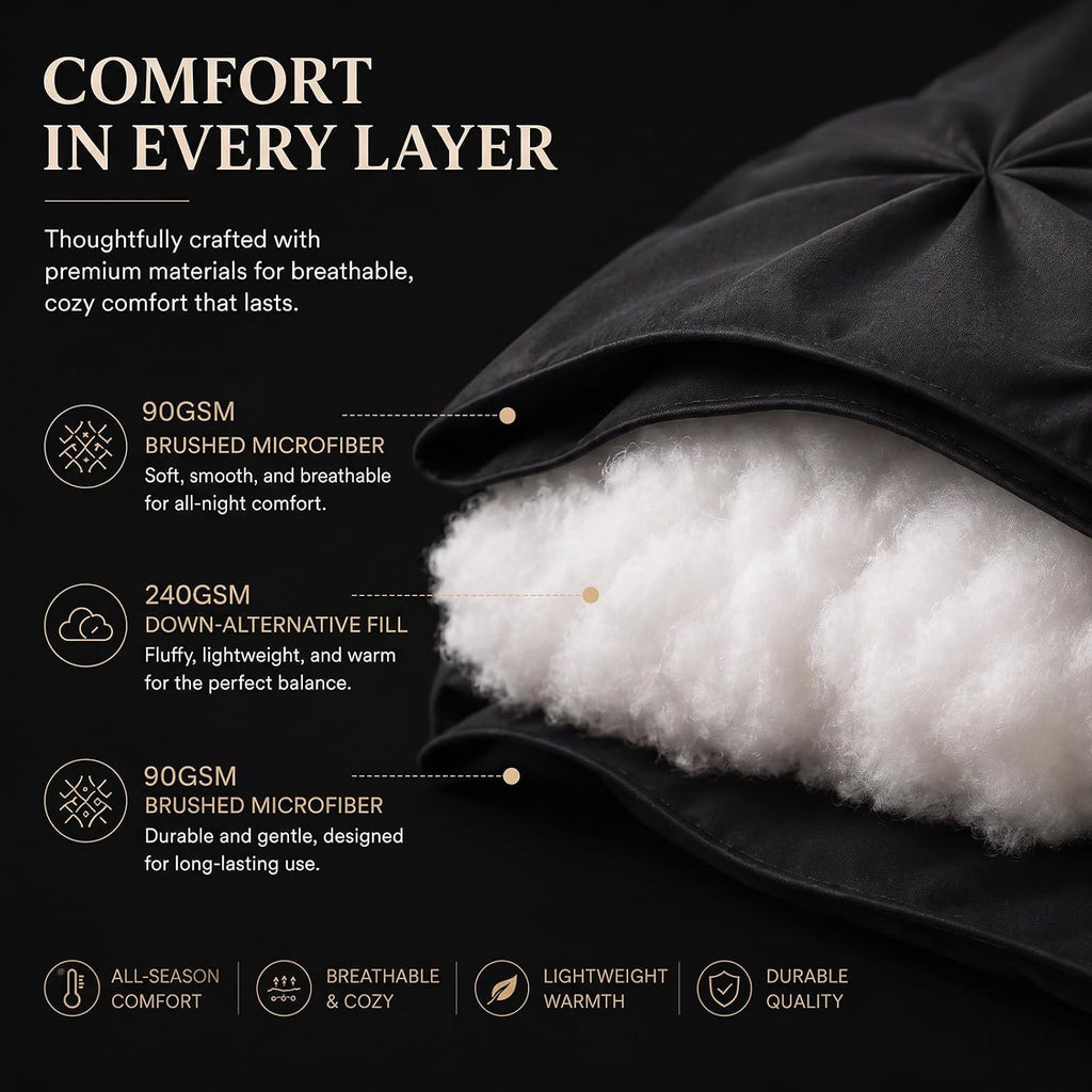 CozyLux Queen Comforter Set Black, 7 Pieces Pintuck Bed in a Bag