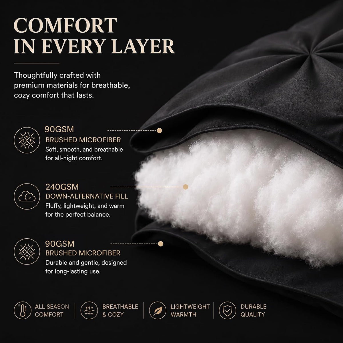 CozyLux Queen Comforter Set Black, 7 Pieces Pintuck Bed in a Bag