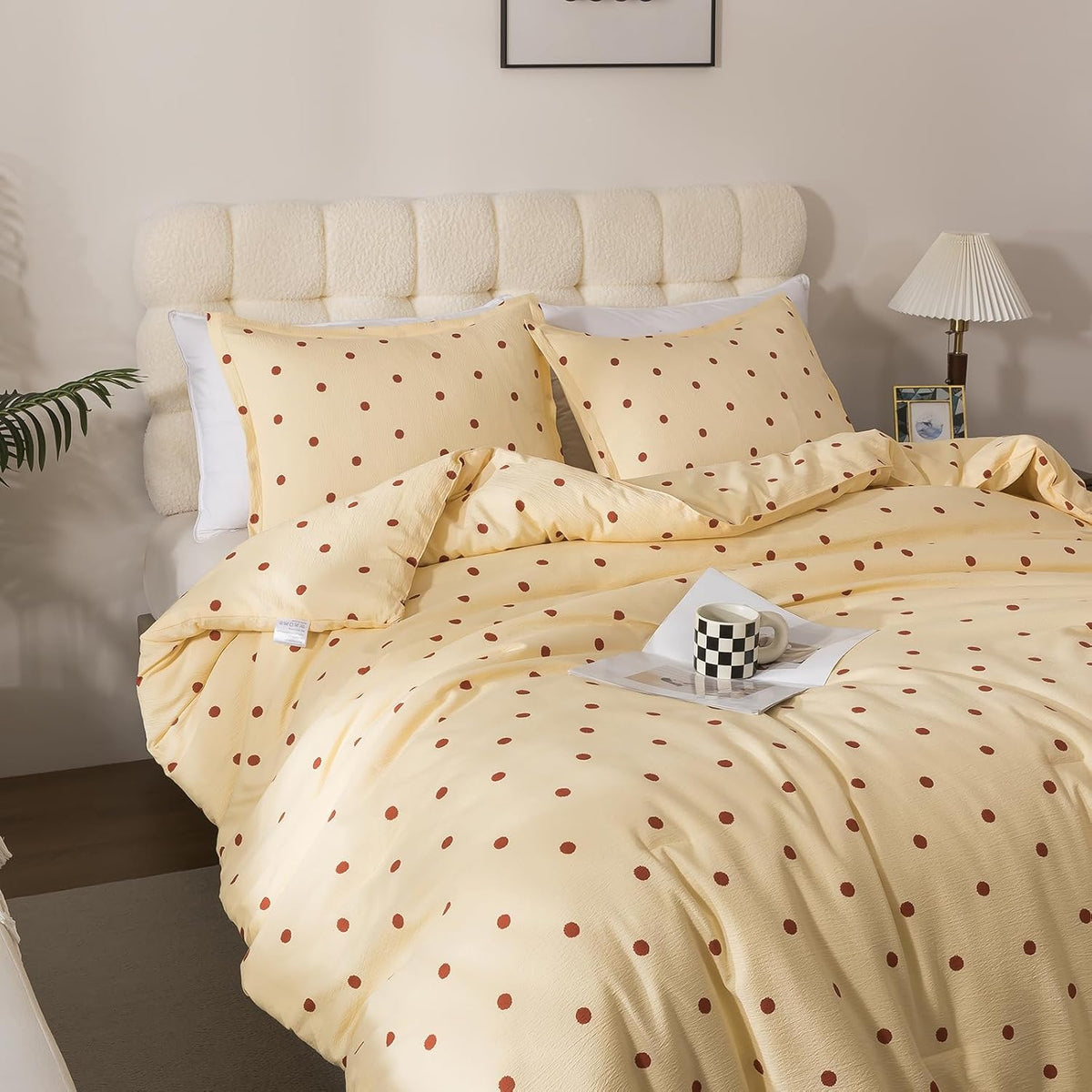 Caressma Yellow Full Comforter Set with Polka Dots 3 Pieces Bedding Set