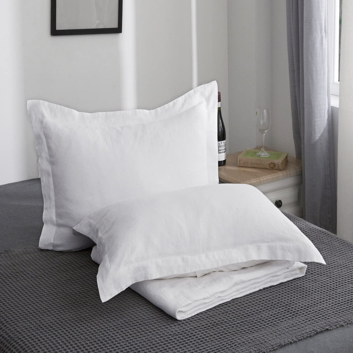 Simple&Opulence 100% French Linen Pillowcase Queen Size-Set of 2- Washed Solid Color Pillow Cases Embroidered -Soft and Durable (Linen, 20''x30'')