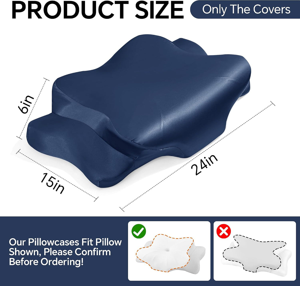 HOMBYS 2 Pack Satin Cervical Pillowcases (Only Pillowcase), Silky Butterfly-Shaped Contour Pillow Cover Cervical Neck Pillow Case with Zipper for Side Back Stomach Sleepers (Navy Blue, Queen Size)