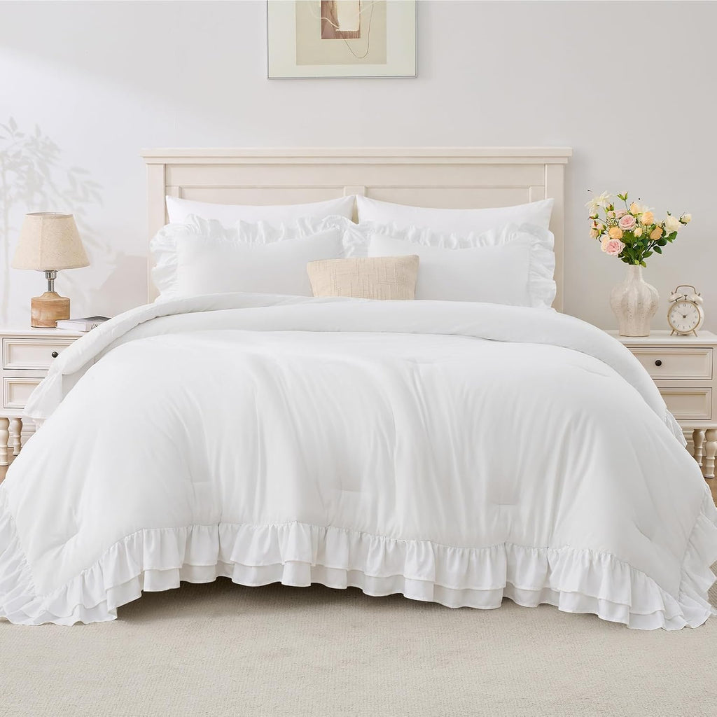 White Ruffle Comforter Set Queen Size, 3-Piece Shabby Chic Bedding
