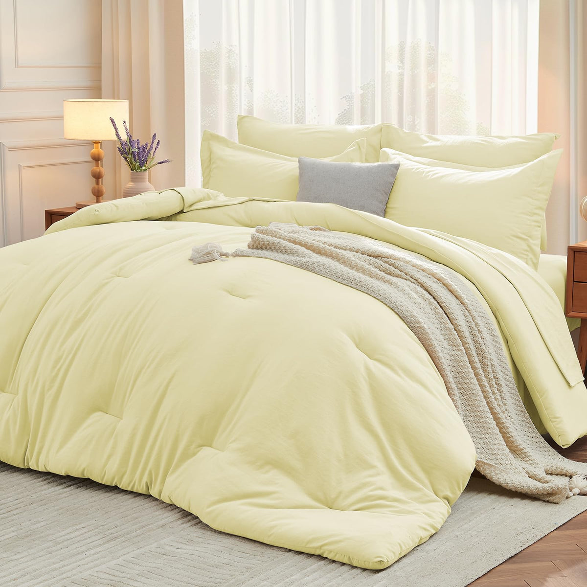 MUXHOMO King Comforter Set 7 Pieces, Soft Bed in a Bag, Beige
